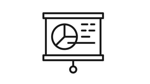 Minimalist black line vector icon illustration of a presentation projector screen featuring a pie chart and data points, ideal for business reports, analytics, marketing, and education.