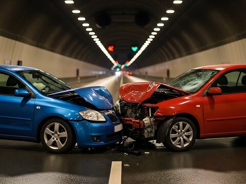Two cars damaged in a front end collision in a tunnel