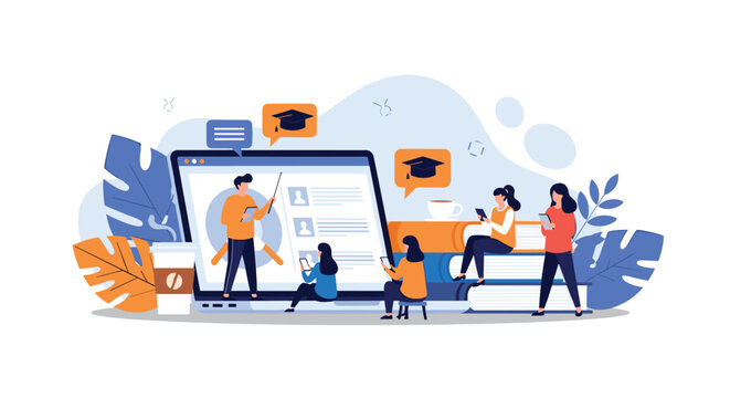 Online education concept showing diverse students learning from a digital screen with a teacher and stacks of textbooks nearby.