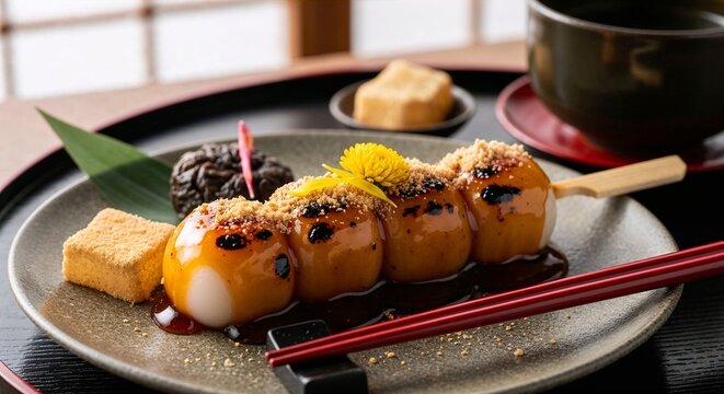 Japanese mitarashi dango skewered on bamboo stick with glossy glaze and caramelized detail