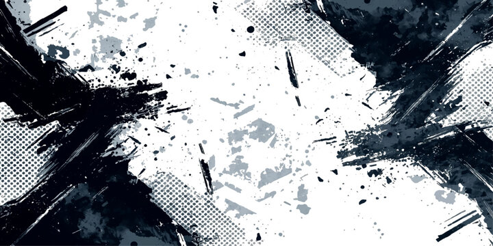 Abstract grunge texture background with black ink splatter paint drops and halftone dot pattern design