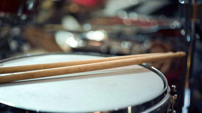Close-Up of Drumsticks on Snare Drum: Percussion Instruments in Studio Session for Band Practice and Live Performance