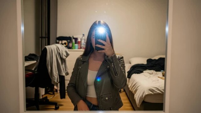 Young woman trying on gray leather jacket in front of mirror. Authentic user review of clothing. Fashion lifestyle content for social media retail experience.