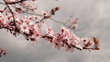 Subtelne piękno wiosennego przebudzenia: kwitnąca gałąź wiśni w delikatnych odcieniach różu, ukazująca harmonię natury i ulotność chwili w miękkim, pastelowym świetle na tle szarego nieba © tomo81