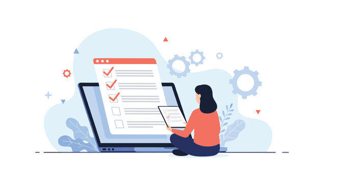 Young woman sits comfortably and completes an online survey or checklist on a laptop screen with various task management icons.