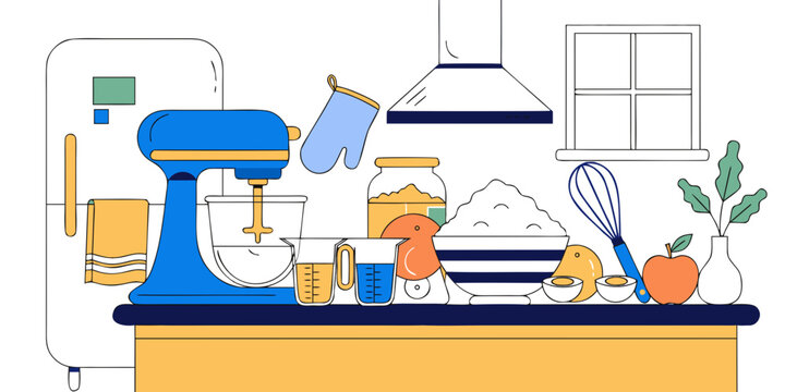 Kitchen baking tools and ingredients set illustration with ingredients refrigerator lifestyle utensils homemaker domestic culinary homemade illustration supplies preparation kitchenware