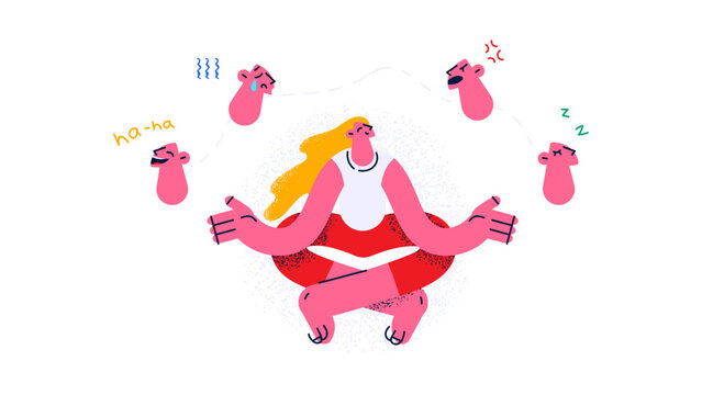 A cartoon woman meditating with multiple emotional expressions around her head