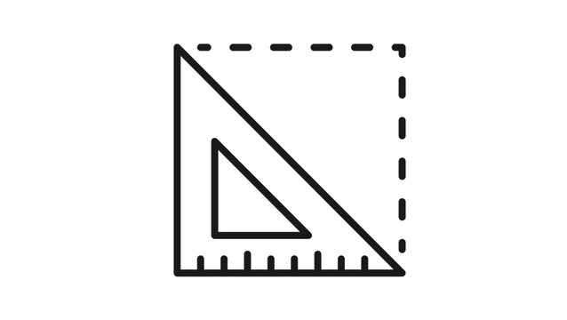 Black vector icon illustration of a set square triangle ruler with dashed lines forming a square, minimalist symbol for geometry, drafting, architecture, and technical design measurement.