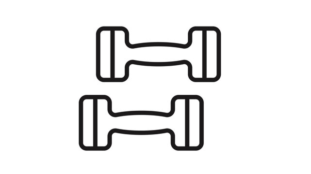 Minimalist black outline vector icon illustration of two dumbbells, representing fitness, bodybuilding, gym workouts, and strength training equipment, isolated on a white background for design.