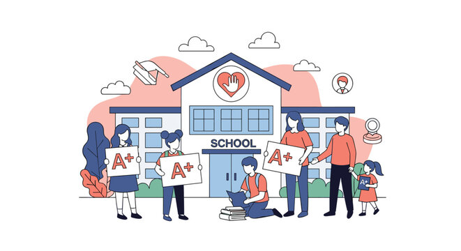 Proud students and teachers stand outside a school building holding A plus grade signs to celebrate high academic achievements.