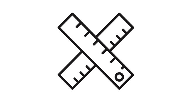 Minimalist black line vector icon illustration of two crossed rulers, representing measurement, scale, geometry, mathematics, school supplies, architectural design, and engineering tools.