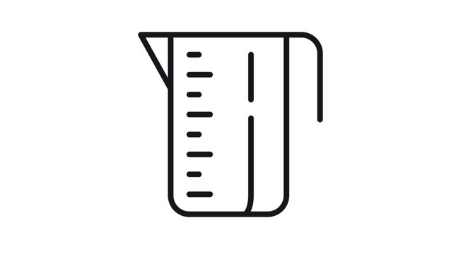 Black line vector icon of a measuring cup or jug with a spout and handle, featuring measurement markings on the side, perfect for kitchenware, cooking, baking, or laboratory equipment designs.