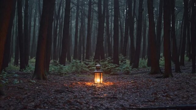 foggy pine forest illuminated by lantern, dim mist weaving between tall trunks, warm amber glow casting soft shadows on damp leaf litter and moss, isolated lantern on forest floor evokes mystery