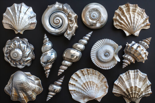 Collection of polished silver metallic seashells isolated on a pure black background
