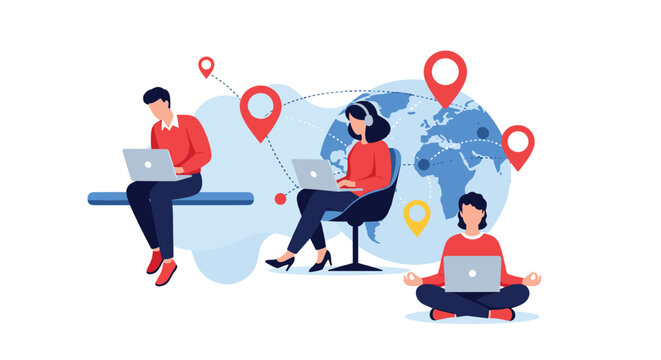 Diverse remote professionals work from various global locations using laptops connected to a world map with multiple destination pins.
