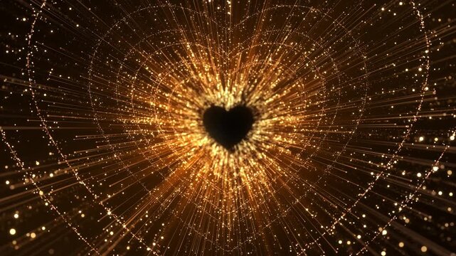 Radiant golden particles exploding from heart shape creating romantic glowing burst effect on dark background, perfect for wedding visuals, love themed videos, Valentine promotions, luxury invitations