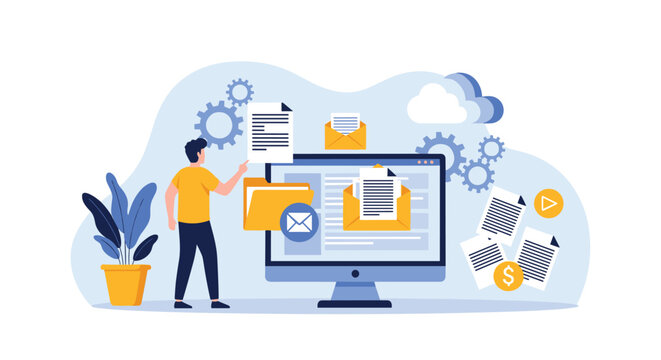 Office worker manages digital communications and files on a computer involving email sorting, document organization, and system processing.
