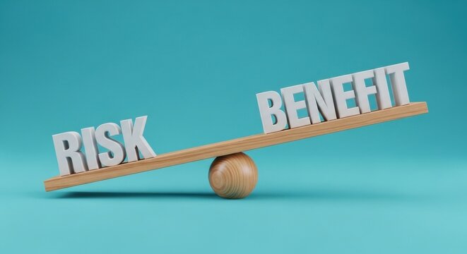 Risk and benefit balance on wooden seesaw, financial decision making concept, risk assessment and reward management on blue background