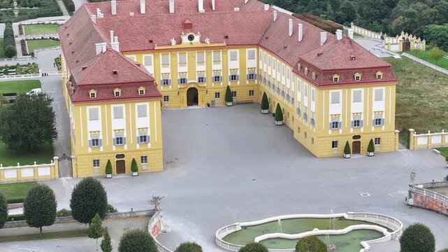 Aerial of Schloss Hof palace and gardens complex Austria.