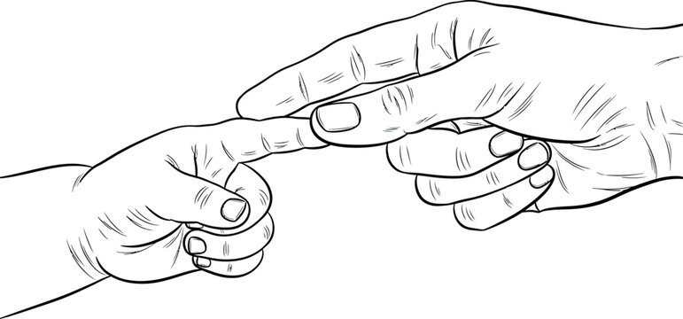 Adult human hand reaches out to touch the tiny soft finger of a newborn baby in a gentle moment of connection and pure parental love