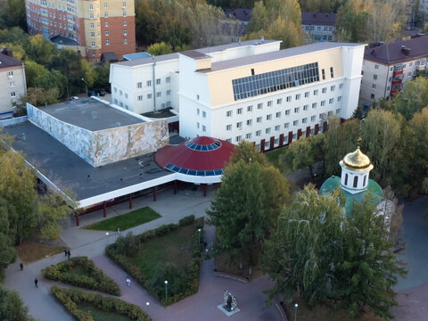 Aerial drone view of Tyumen State Institute of Culture, St. Dmitry Donskoy Church and Gubkin Square in Tyumen, Russia, September 28, 2022