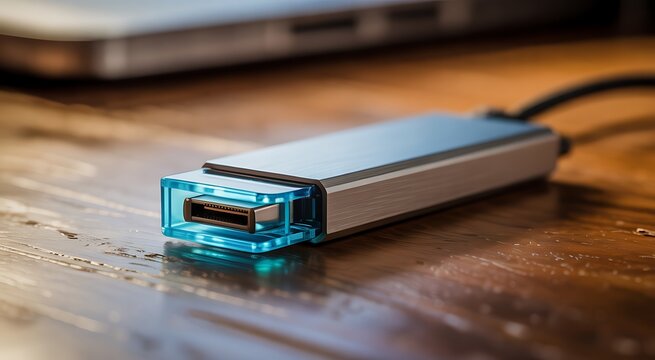 Usb-c hub adapter for laptop connectivity on a dark wooden office desk