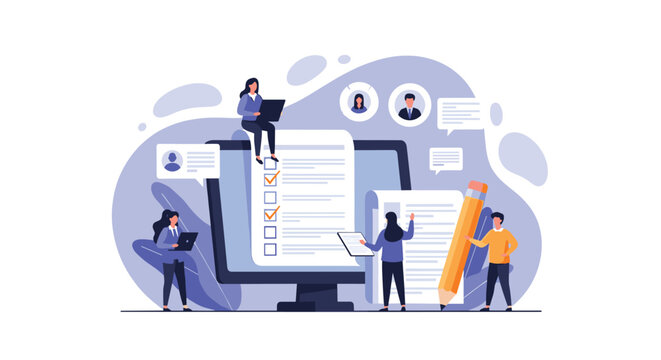 Small people working around giant computer screen for recruitment and candidate evaluation for human resources and hiring goals.