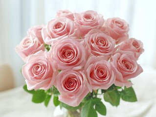 Obraz premium Beautiful bouquet of fresh pink roses in a bright indoor setting