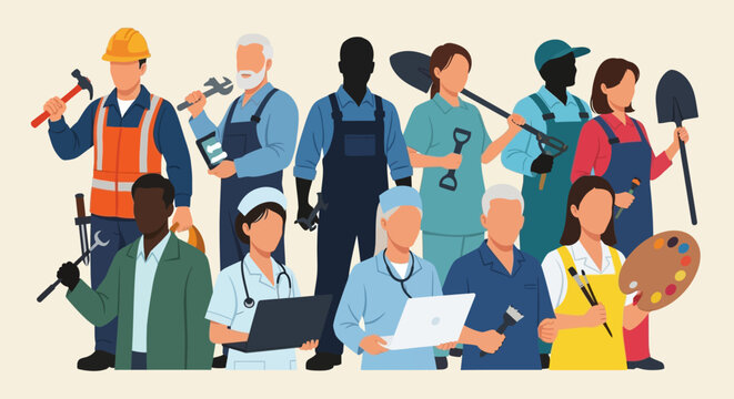 Diverse professionals and occupations in various industries standing together