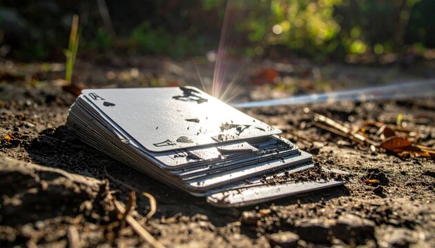 Damaged and unreadable playing cards scattered on the ground under sunlight, a scene of decay and forgotten games
