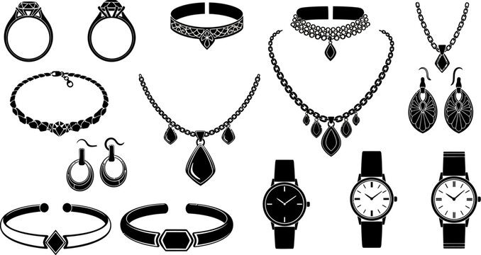 collection of black and white jewelry and watches on white background