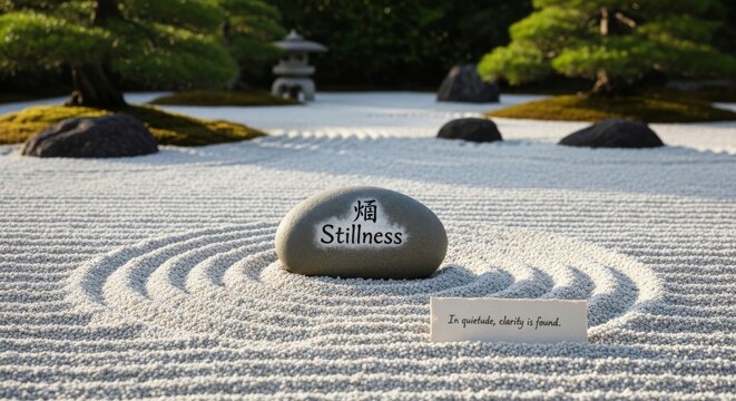 Zen Stone with Stillness Symbol in Raked Gravel Garden