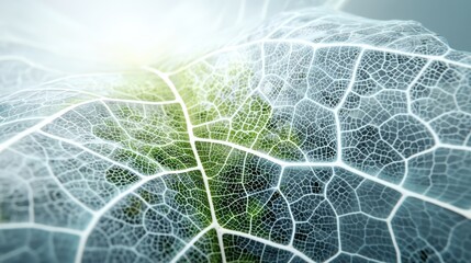 Naklejka premium Close-up of a delicate leaf skeleton showing intricate vein patterns illuminated by soft light, Nano Tech World, AI technology