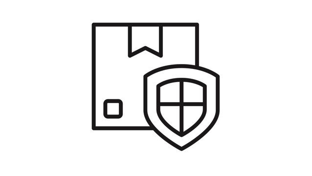 Secure package delivery vector icon illustration featuring a cardboard box with a protective shield symbol, representing shipping insurance, safe handling, and guaranteed product protection.