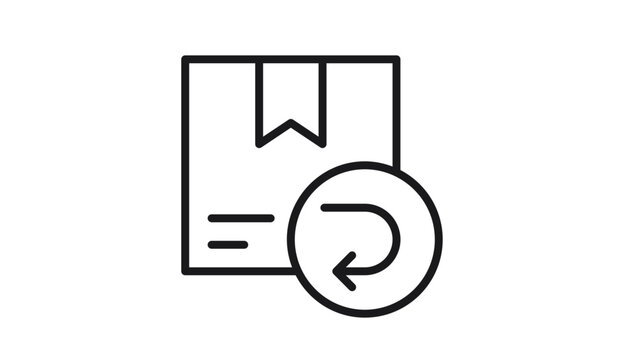 Black line vector icon of a cardboard shipping box with a return arrow symbol, representing product returns, refunds, or package exchanges in e-commerce and logistics illustration.