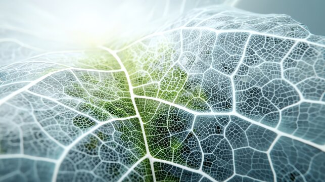 Close-up of a delicate leaf skeleton showing intricate vein patterns illuminated by soft light, Nano Tech World, AI technology