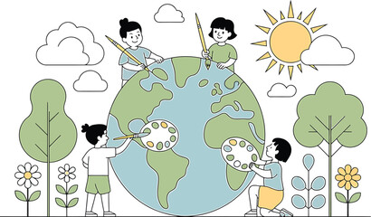 Naklejka premium Diverse children actively painting and nurturing the planet earth together