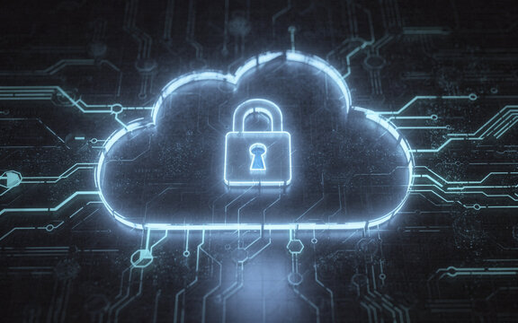 wide cloud security concept with padlock icon inside luminous cloud ov