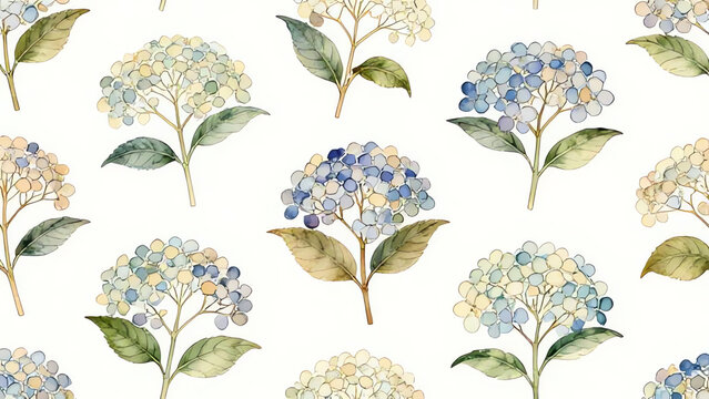 Seamless pattern of soft hydrangea flowers, vintage watercolor style, cute and colorful floral wallpaper.