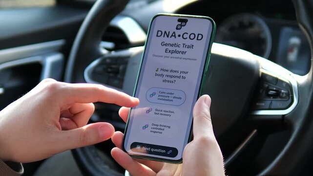 Person using a DNA genetic trait explorer app on a smartphone. User interacts with a biotechnology quiz to discover ancestry and personality traits. Modern biohacking and health tech concept shot in a