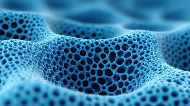 Close-up image of a porous blue sponge-like structure with various-sized holes and a textured surface, resembling a microscopic or abstract biological pattern, Nano Tech World, AI technology