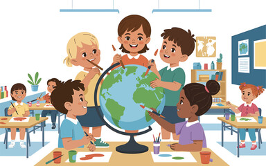 Fototapeta premium Children learning geography by painting the globe in a classroom with hands