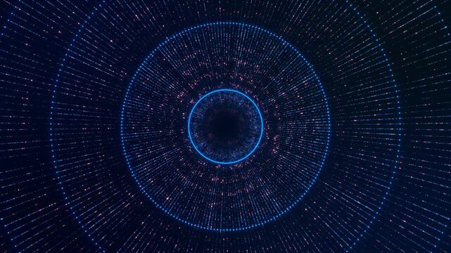 Tunnel lines Data flow Optical fiber effect Digital Technology Stream Super Fast Speed Lines Background. Cyberspace Particles luminous dots, concentric circles, global networks, AI big data 3D 4K