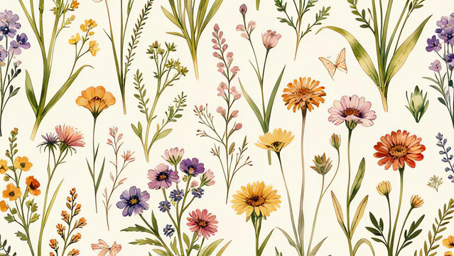 Seamless floral pattern, colorful wildflowers, rustic watercolor illustration, ivory background, meadow aesthetic.