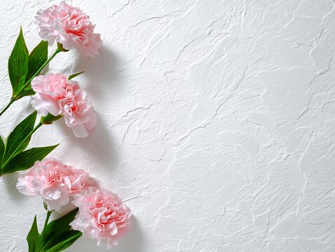 Pink carnations on white stone background with copy space