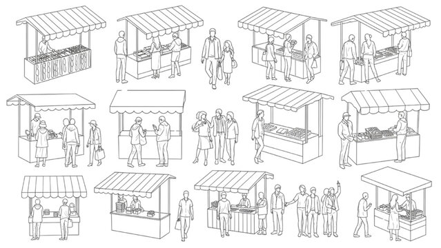 Market Stall CAD Block Set with People and Vendor Booths for Architectural Elevation, Urban Retail Planning Vector Collection