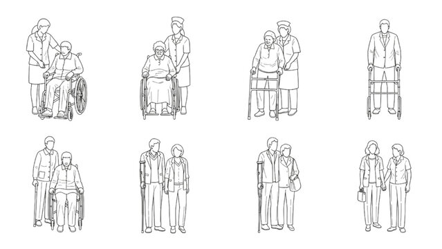 Elderly Patient Care CAD Block Set with Wheelchair, Walker and Assisted Senior Figures for Healthcare Architectural Elevation Drawings
