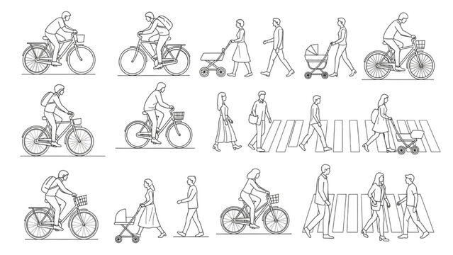 Urban Mobility CAD Block Set with Cyclists, Pedestrians, Strollers and Crosswalk Figures for Streetscape Elevation Drawings
