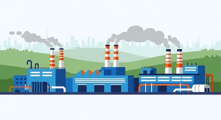 Fototapeta premium Cartoon depiction of a factory complex with smokestacks emitting pollution against a cityscape
