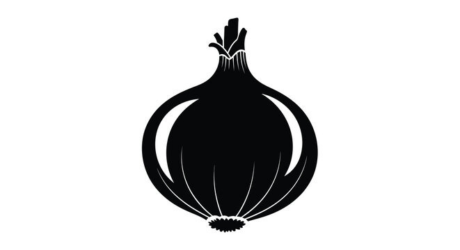 A stark black silhouette depicts a single onion with clearly defined layers and root structure